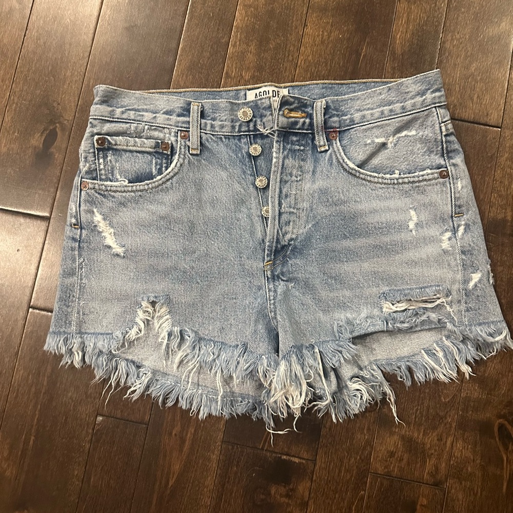 Agolde Light Blue Frayed Jean Shorts